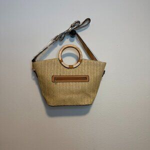 Woven Satchel Bag with Wood Circle Handles and Crossbody Strap